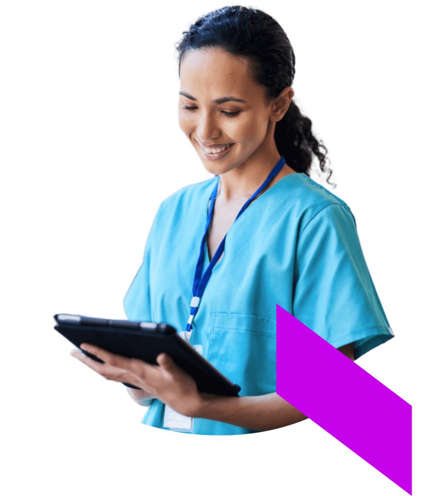 A healthcare professional in scrubs using her tablet to run an automation solution built on the Qventus platform