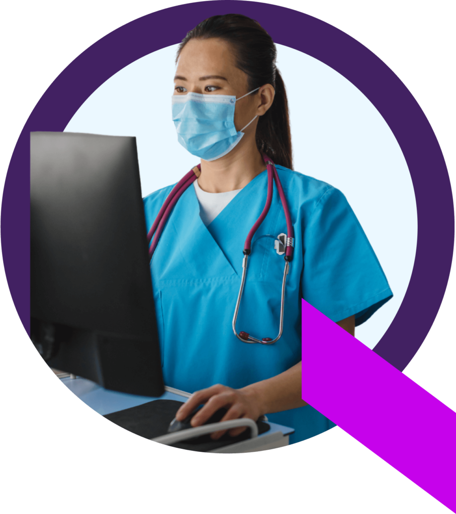 A hospital healthcare professional using her computer to run a Qventus solution that helps her reduce patients’ length of stay