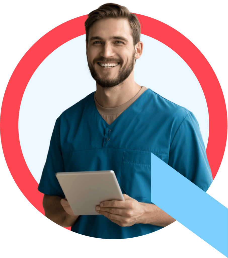 A surgical services professional in scrubs holding a tablet he uses to run the Qventus perioperative solution