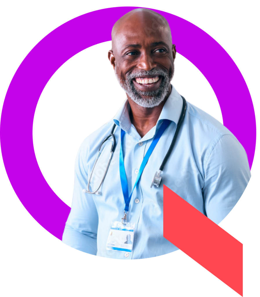 A smiling healthcare professional in business attire representing the hospital leaders who use Qventus operational automation solutions