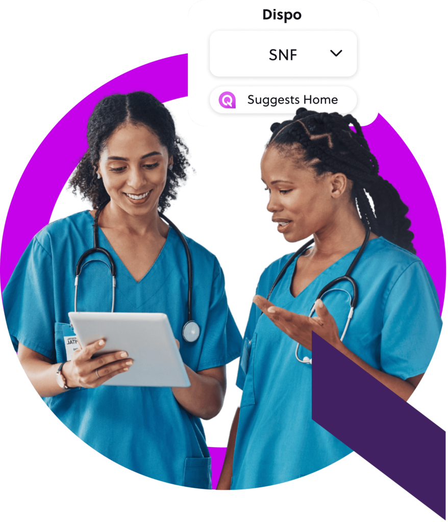 Two healthcare professionals in scrubs using the Qventus inpatient solution to streamline discharge planning
